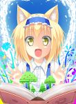  alice_margatroid alice_margatroid_(pc-98) animal_ears anni_minto blonde_hair book cat_ears cloud clouds fang flower frills green_eyes hairband heart highres magic_circle open_mouth puffy_sleeves short_hair short_sleeves solo touhou touhou_(pc-98) tree 