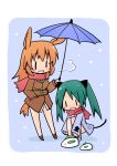  animal_ears bunny_ears cat_ears cat_tail charlotte_e_yeager fang francesca_lucchini luu multiple_girls rabbit_ears scarf snow snow_bunny strike_witches tail twintails umbrella 