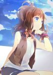  bare_shoulders blue_eyes brown_hair chin_rest cloud clouds long_hair looking_away namie-kun no_hat no_headwear pokemon pokemon_(game) pokemon_bw ponytail shirt shorts sitting sky sleeveless solo touko_(pokemon) vest wristband 