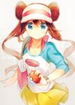  bag blue_eyes brown_hair double_bun hat holding long_hair looking_at_viewer mei_(pokemon) namie-kun no_legwear poke_ball pokemon pokemon_(game) pokemon_bw2 raglan_sleeves serious shirt skirt solo twintails visor_cap watch wristwatch 