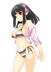  bare_shoulders beatmania beatmania_iidx bikini black_hair breasts cleavage facial_mark happy_core headphones highres hinazuki_ririna kinoshita_ichi lilith_(beatmania_iidx) midriff mound_of_venus red_eyes side-tie_bikini simple_background solo striped striped_bikini striped_swimsuit swimsuit swimsuit white_background 