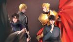  9room armor blonde_hair brown_hair casual cross cross_kiss curtains dual_persona fate/stay_night fate/zero fate_(series) gilgamesh kotomine_kirei male multiple_boys red_eyes 