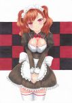  apron blush bow breast_squeeze breasts checkered checkered_background cleavage copyright_request dress frills imarikiriki large_breasts looking_at_viewer maid maid_headdress orange_hair red_eyes smile solo standing thigh-highs thighhighs traditional_media twintails zettai_ryouiki 