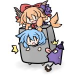  2girls animal_ears blue_hair bow dog_ears dog_tail fang hair_bow horn_ribbon horns ibuki_suika karakasa_obake kemonomimi_mode long_hair multiple_girls nurikabe_(character) open_mouth orange_hair ribbon short_hair smile suika tail tatara_kogasa touhou umbrella yanagi_(artist) yanagi_(nurikoboshi) |_| 