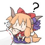  ? biting bow detached_sleeves hair_bow hakurei_reimu hand_biting horn_ribbon horns ibuki_suika long_hair minigirl multiple_girls orange_hair ribbon skirt touhou yanagi_(artist) yanagi_(nurikoboshi) |_| 