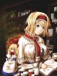  alice_margatroid blonde_hair blue_eyes book bottle breasts capelet chair cup hairband highres holding jewelry kirisame_marisa light_smile nail_polish open_book paintbrush photo_(object) ring shanghai shanghai_doll short_hair sitting solo teacup touhou untsue 