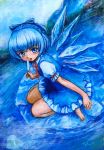  blue_dress blue_eyes blue_hair blue_sky blush bow cirno dress food hair_bow ice ice_block ice_cream lake looking_at_viewer mountain oil_painting_(medium) open_mouth popsicle shirt short_hair short_sleeves sitting sky solo tafuto touhou wariza water wings 
