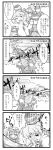  4koma berutasu bow comic detached_sleeves flying hair_bow hair_tubes hakurei_reimu hat hat_removed headwear_removed highres long_skirt long_sleeves monochrome mononobe_no_futo multiple_girls open_mouth ponytail short_hair skirt surfing sweatdrop tate_eboshi tears touhou translation_request trembling wide_sleeves 