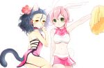  animal_ears black_hair bunny_ears cat_ears cat_tail cheerleader fate/zero fate_(series) flower genderswap green_eyes iii_(yuu-gi-ou_zexal) lancer_(fate/zero) mole multiple_girls pink_hair pom_poms rabbit_ears rose tail tiahszld yellow_eyes yu-gi-oh! yuu-gi-ou yuu-gi-ou_zexal 