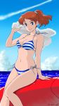  blue_eyes brown_hair emi_(green_wave) fio_piccolo highres kurenai_no_buta long_hair ponytail striped striped_bikini striped_swimsuit studio_ghibli swimsuit towel 