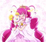  antenna_hair blush candy_(smile_precure!) choker closed_eyes creature cure_happy dress eyes_closed halo head_wings hoshizora_miyuki hug long_hair magical_girl nokokopopo pink pink_dress pink_hair precure princess_form_(smile_precure!) smile smile_precure! tears tiara twintails white_background 