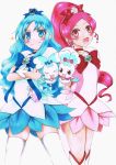  absurdres blue_eyes blue_hair blush boots bow brooch choker chypre_(heartcatch_precure!) coffret_(heartcatch_precure!) crossed_arms cure_blossom cure_marine dress flower hair_bow hair_ornament hanasaki_tsubomi heartcatch_precure! highres imarikiriki jewelry kurumi_erika long_hair looking_at_viewer magical_girl multiple_girls open_mouth pink_eyes pink_hair ponytail precure ribbon simple_background skirt smile thigh-highs thighhighs thighs traditional_media white_background white_legwear wrist_cuffs zettai_ryouiki 