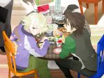  blonde_hair brown_eyes brown_hair eating facial_hair ivan_karelin jacket kaburagi_t_kotetsu kimiko_(msk599) male multiple_boys parfait purple_eyes purple_jacket stubble tiger_&amp;_bunny vest violet_eyes waistcoat 