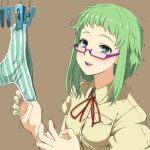  1girl bespectacled blush couzone glasses green_eyes green_hair gumi nail_polish open_mouth panties short_hair simple_background solo striped striped_panties symbol-shaped_pupils trembling underwear vocaloid 
