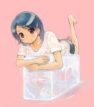  bare_legs barefoot blue_hair hair_ornament hairpin ice ice_cube ikeda_jun lying on_stomach original pink_background red_eyes short_hair short_sleeves shorts simple_background smile solo t-shirt wet wet_t-shirt 