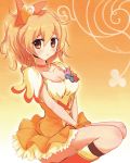  avy417 boots bow breasts brown_eyes choker cleavage cure_pine dress earrings fresh_precure! hair_bow jewelry magical_girl orange_(color) orange_background orange_dress orange_hair precure short_hair side_ponytail skirt solo v_arms yamabuki_inori 