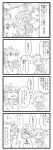  4koma =_= berutasu blush bow chopsticks closed_eyes comic crossed_arms detached_sleeves eyes_closed hair_bow hair_rings hair_stick hair_tubes hakurei_reimu hat highres kaku_seiga miyako_yoshika monochrome multiple_girls ofuda open_mouth outstretched_arms ponytail puffy_sleeves shawl short_hair short_sleeves smile sparkle staff sweatdrop tears touhou translation_request trembling veins 