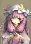  blush_stickers bow bust crescent face grey_eyes hat long_hair no_nose patchouli_knowledge purple_hair simple_background solo touhou wu_ba_pin 