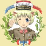  blonde_hair blue_eyes bow copyright_request flat_chest genderswap hair_bow hair_ribbon maro_(m-k4) open_mouth philippe_petain ribbon salute short_hair solo teeth wink 
