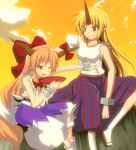 anime_coloring blonde_hair bow drinking hair_bow hair_ornament horn horn_bow horns hoshiguma_yuugi ibuki_suika long_hair long_skirt multiple_girls open_mouth orange_hair orange_sky pat red_eyes sakazuki shirt short_sleeves sitting skirt sky smile socks suna_(sunaipu) torn_clothes torn_sleeves touhou very_long_hair white_legwear wink wrist_cuffs