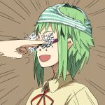  bespectacled couzone glasses green_hair gumi hands object_on_head open_mouth panties panties_on_head short_hair solo striped striped_panties underwear vocaloid 
