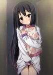  alternate_hairstyle blush brown_eyes hair_down highres k-on! legs long_hair nakano_azusa pajamas pillow pillow_hug ryunnu shirt_lift solo thigh_gap very_long_hair 