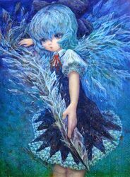  blue_background blue_dress blue_eyes blue_hair bow cirno dress frilled_skirt hair_bow ice ice_sword ice_wings koneneko oil_painting_(medium) puffy_sleeves shirt short_hair short_sleeves solo sword touhou weapon wings 