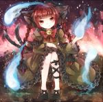 animal_ears bell bow braid cat_ears cat_tail dress fang frills hair_bow jaku_sono kaenbyou_rin long_hair long_sleeves multiple_tails red_eyes red_hair redhead shoes sitting slit_pupils smile solo spirits tail touhou twin_braids very_long_hair 