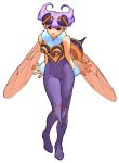  antennae bare_shoulders bee_girl bengus breasts extra_eyes fur insect_girl monster_girl no_pupils official_art pantyhose purple_eyes purple_hair purple_legwear q-bee see-through short_hair solo vampire_(game) violet_eyes white_background wings 