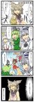  5girls ascot baton berutasu blue_eyes bow brown_eyes brown_hair comic crossed_arms detached_sleeves directional_arrow dress earmuffs fire fujiwara_no_mokou green_dress green_eyes green_hair grey_hair hair_bow hair_tubes hakurei_reimu hand_gesture hat highres long_sleeves mononobe_no_futo multiple_girls no_eyes odd_one_out ofuda open_mouth puffy_sleeves red_eyes ritual_baton short_hair silver_hair sleeveless soga_no_tojiko suspenders sweatdrop tate_eboshi touhou toyosatomimi_no_miko translation_request wide_sleeves yatteyan'yo 