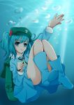  1girl ass backpack bag blue_eyes blue_hair boots bubble bwell dress hair_bobbles hair_ornament hands_up hat kawashiro_nitori key legs long_sleeves looking_at_viewer no_panties pocket rubber_boots shirt short_hair skirt skirt_set smile solo sunbeam sunlight touhou twintails underwater wet wet_clothes 