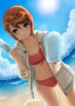  1girl beach bikini brown_hair cute green_eyes highres jacket kururi_(pixiv2432322) navel popsicle red_bikini rita_mordio short_hair solo summer sunglasses swimsuit tales_of_(series) tales_of_vesperia 