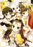  absurdres akizuki_ritsuko braid brown_hair dice dress forehead fujima_takuya futami_ami futami_mami glasses highres idolmaster minase_iori multiple_girls the_idolm@ster thigh-highs thighhighs twin_braids 