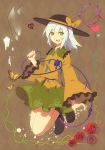  60mai bow butterfly flower frills green_eyes hat hat_bow heart insect komeiji_koishi kunai long_sleeves open_mouth rose short_hair silver_hair solo third_eye touhou weapon wide_sleeves 