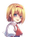  :d alice_margatroid ascot blonde_hair blue_eyes blush bust hairband open_mouth oukawa_yuu short_hair side simple_background smile solo touhou white_background 