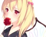  blonde_hair blush bust candy_apple flandre_scarlet hair_bobbles hair_ornament holding kabata_(mechisan) no_hat no_headwear red_eyes side_ponytail solo touhou wings 