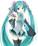  :d aqua_eyes aqua_hair bare_shoulders black_legwear detached_sleeves flower goma_(11zihisin) hair_flower hair_ornament hatsune_miku headset holding long_hair necktie open_mouth simple_background skirt smile solo thigh-highs thighhighs twintails very_long_hair vocaloid white_background 