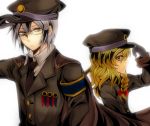  1girl alternate_costume blonde_hair blush braid cape glasses gloves hat kirisame_marisa long_hair long_sleeves medal military military_uniform morichika_rinnosuke necktie shisei_(kyuushoku_banchou) short_hair side_braid silver_hair single_braid touhou uniform white_background yellow_eyes 