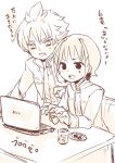  2boys casual computer hair_ornament hakuryuu_(inazuma_eleven) inazuma_eleven inazuma_eleven_(series) inazuma_eleven_go jacket laptop male monochrome multiple_boys onigiri open_mouth short_hair shuu_(inazuma_eleven) sitting tobi_(one) 