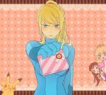  blonde_hair blue_eyes blush brown_hair english frown gift glaring gloves hand_over_mouth long_hair metroid nintendo pikachu pokemon polka_dot polka_dot_background ponytail princess_peach princess_zelda samus_aran smile super_mario_bros. super_smash_bros. the_legend_of_zelda tsundere twilight_princess valentine zero_suit 