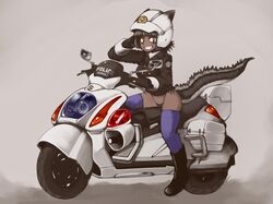  animal_ears black_gloves black_hair black_panties blue_legwear boots dark_skin dragon_girl dragon_tail fang female gloves grin helmet highleg highleg_panties highres kakkou_(su) motor_vehicle motorcycle motorcycle_helmet original panties police police_uniform policewoman short_hair side-tie_panties slit_pupils smile solo suzuki tail thigh-highs thighhighs underwear uniform vehicle yellow_eyes 