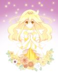  ahiduck blonde_hair bowtie brooch choker cure_peace dress earrings flower gradient gradient_background halo hands_clasped highres jewelry kise_yayoi long_hair magical_girl precure princess_form_(smile_precure!) purple_background smile smile_precure! solo star sunflower tiara white_background yellow yellow_dress yellow_eyes 