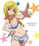  bandeau blonde_hair breasts casual charlotte_dunois cleavage infinite_stratos jewelry light_kimoto necklace pointing purple_eyes shorts violet_eyes 