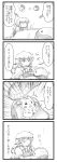  4koma =_= berutasu bow braid comic cup hair_bow highres kirisame_marisa kotatsu long_hair monochrome no_eyes no_hat no_headwear open_mouth pikachu pokemon puffy_sleeves short_sleeves side_braid single_braid smile table touhou translation_request very_long_hair yin_yang 