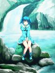  :d bag blue_eyes blue_hair boots closed_eyes eyes_closed highres kawashiro_nitori no_hat no_headwear open_mouth rock sany short_hair sitting smile solo touhou twintails water 