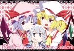  :d ;) argyle argyle_background bat_wings blonde_hair blue_eyes blue_hair braid character_name child fang flandre_scarlet hat hat_ribbon izayoi_sakuya maid_headdress multiple_girls open_mouth red_eyes remilia_scarlet ribbon rioshi short_hair side_ponytail silver_hair smile touhou twin_braids wings wink 