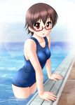  1girl brown_hair glasses k-on! manabe_nodoka neopure pool poolside red-framed_glasses red_eyes school_swimsuit semi-rimless_glasses short_hair swimsuit 