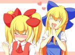  2girls alternate_hairstyle ascot blonde_hair blush bow clenched_hands closed_eyes eyes_closed hair_bow hands_clasped heart hourai_doll long_hair multiple_girls open_mouth shanghai_doll short_sleeves touhou trembling 