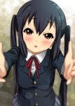  :o black_hair blazer blurry blush brown_eyes depth_of_field foreshortening highres k-on! long_hair looking_at_viewer nakano_azusa outstretched_arms reaching ribbon ryunnu school_uniform skirt solo twintails very_long_hair 