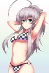  ahoge armpits arms_behind_head bikini breasts checkered checkered_bikini green_eyes haiyore!_nyaruko-san highres long_hair nyarlathotep_(nyaruko-san) o-ring_bikini o-ring_bottom o-ring_top silver_hair solo swimsuit taxamin 